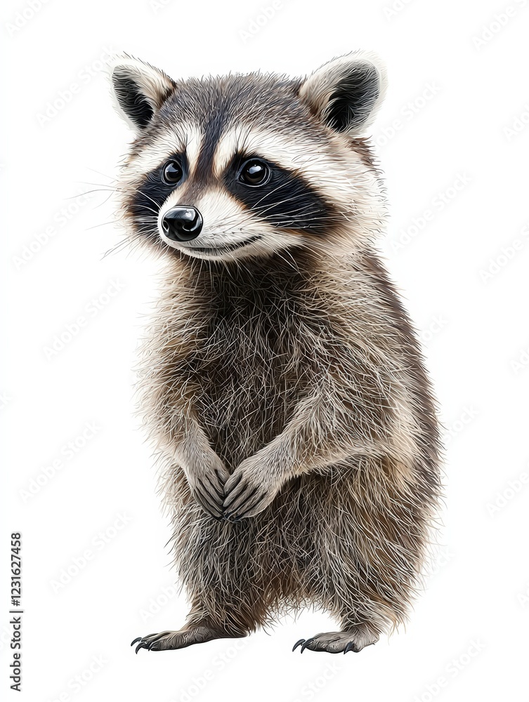 A cute raccoon standing upright, showcasing its playful demeanor and distinctive facial markings against a white background. A cute raccoon standing upright, showcasing its playful demeanor and distinctive facial markings against a white background.