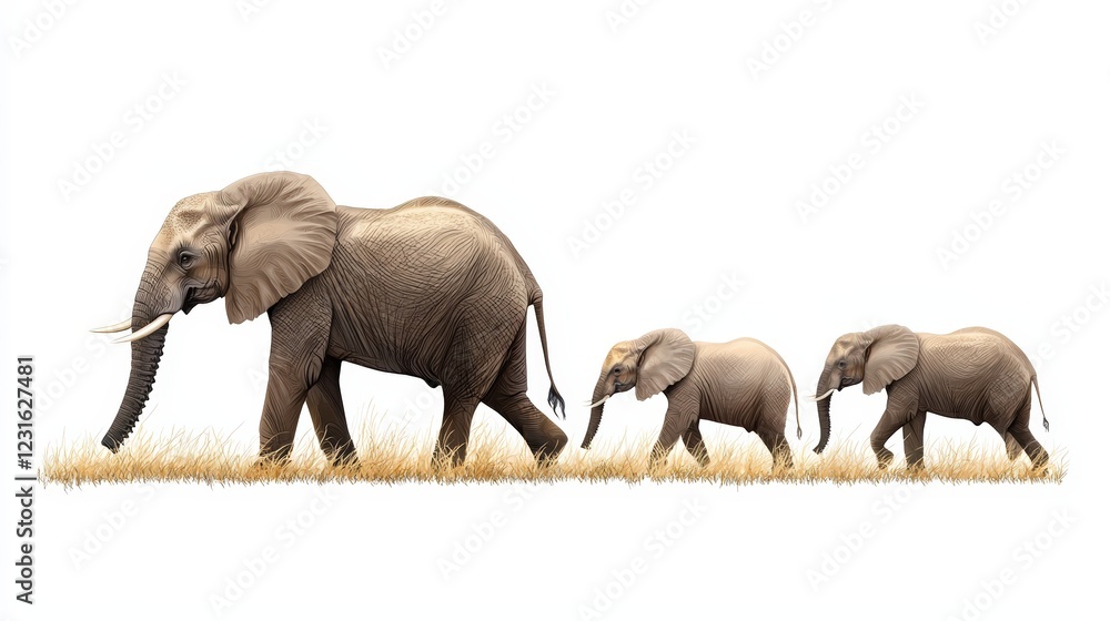 Fototapeta premium A majestic elephant and its young ones walk gracefully through golden grass, showcasing the beauty of wildlife and family bonds.