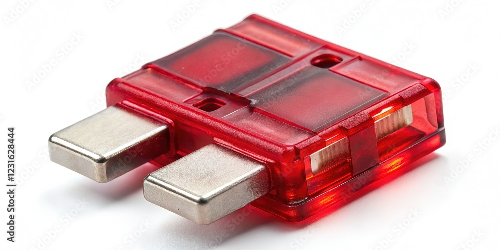 Red Electric Car Fuse, Isolated on White Background - Automotive Electrical Component Red Electric Car Fuse, Isolated on White Background - Automotive Electrical Component