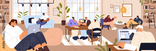 Coworking openscape banner. People work with laptops in open space. Colleagues communicate, relax in lounge zone in modern office. Business area, cozy workplace, workspace. Flat vector illustration