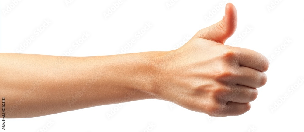 Positive thumbs up gesture of a male hand on a clean white background highlighting the gesture of approval with a well-defined focus on the thumb. Positive thumbs up gesture of a male hand on a clean white background highlighting the gesture of approval with a well-defined focus on the thumb.