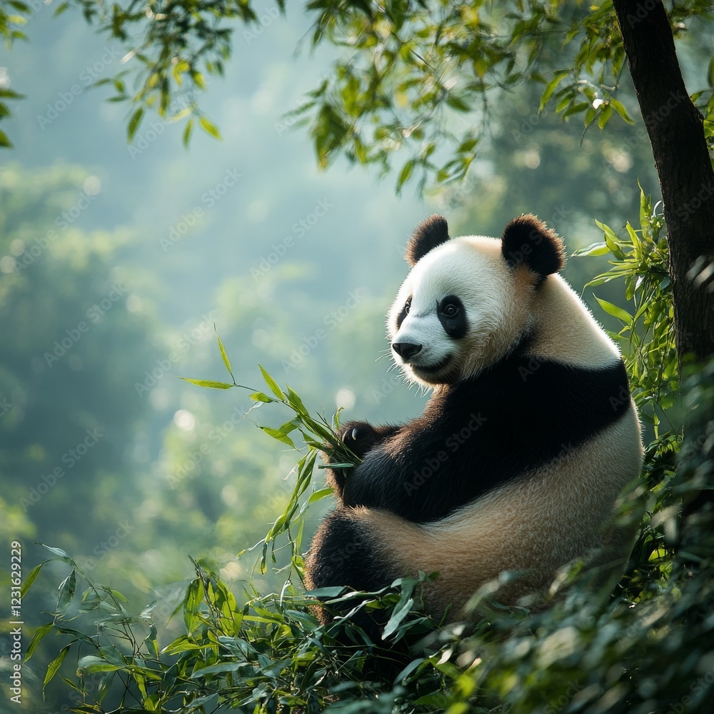 Fototapeta premium A wild panda sitting on a tree, eating bamboo, surrounded by lush green forest, peaceful atmosphere