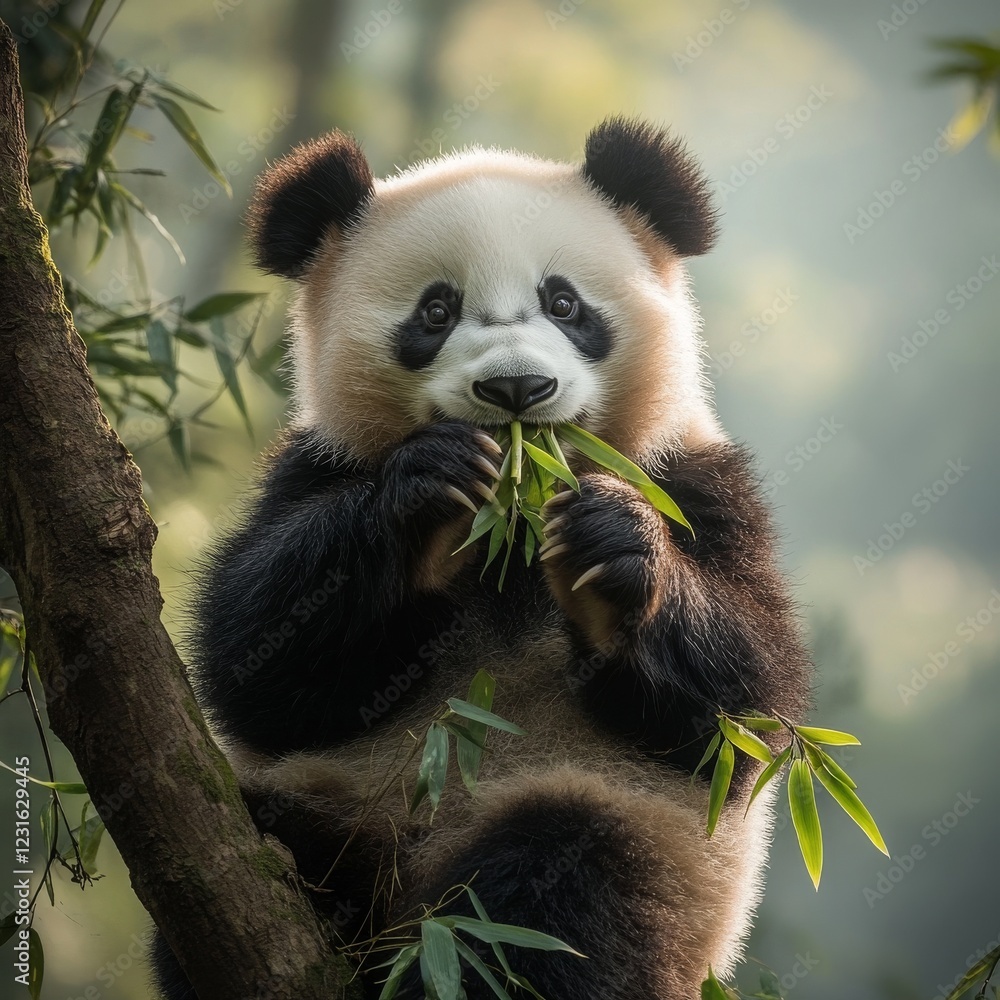 Fototapeta premium A wild panda sitting on a tree, eating bamboo, surrounded by lush green forest, peaceful atmosphere