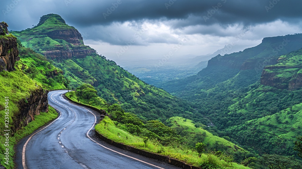 Fototapeta premium Scenic Winding Road Through Lush Green Hills Under Dramatic Sky