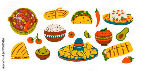 Traditional Mexican food and dishes, taco and quesadilla, burrito and taco. Salads and soups, vegetables and meat products, snacks in restaurant or cafe. Flat doodle style vector