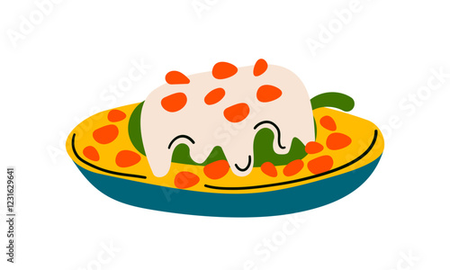 Cartoon Chiles en nogada, Chile Relleno, Poblano chili Mexican food vector illustration. Traditional Mexican Cuisine. Chiles en nogada with sauce isolated on white background.