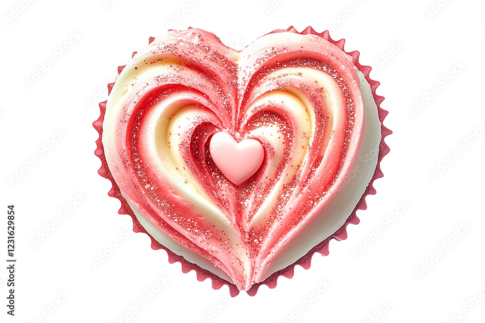 Chocolate cupcake with heart shaped design, pink and white frosting, glitter sprinkles isolated on white transparent background. Concept of love and Valentine's Day desserts Chocolate cupcake with heart shaped design, pink and white frosting, glitter sprinkles isolated on white transparent background. Concept of love and Valentine's Day desserts