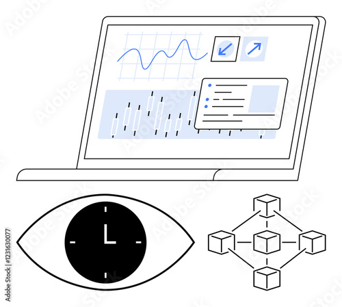 Laptop screen shows charts, blockchain network and task management. Eye with clock represents time monitoring. Ideal for data analysis, time tracking, blockchain tech, project planning, productivity