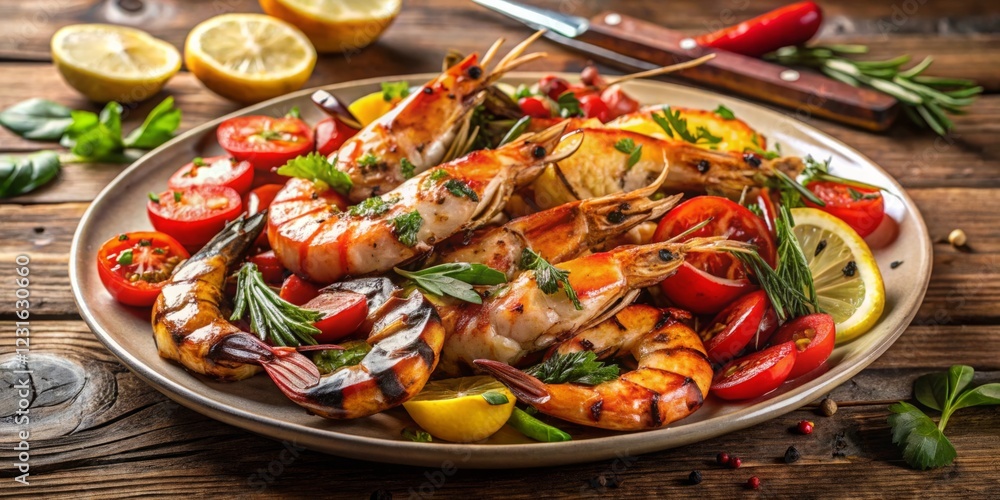 Grilled Shrimp and Vegetable Platter with Fresh Ingredients Grilled Shrimp and Vegetable Platter with Fresh Ingredients