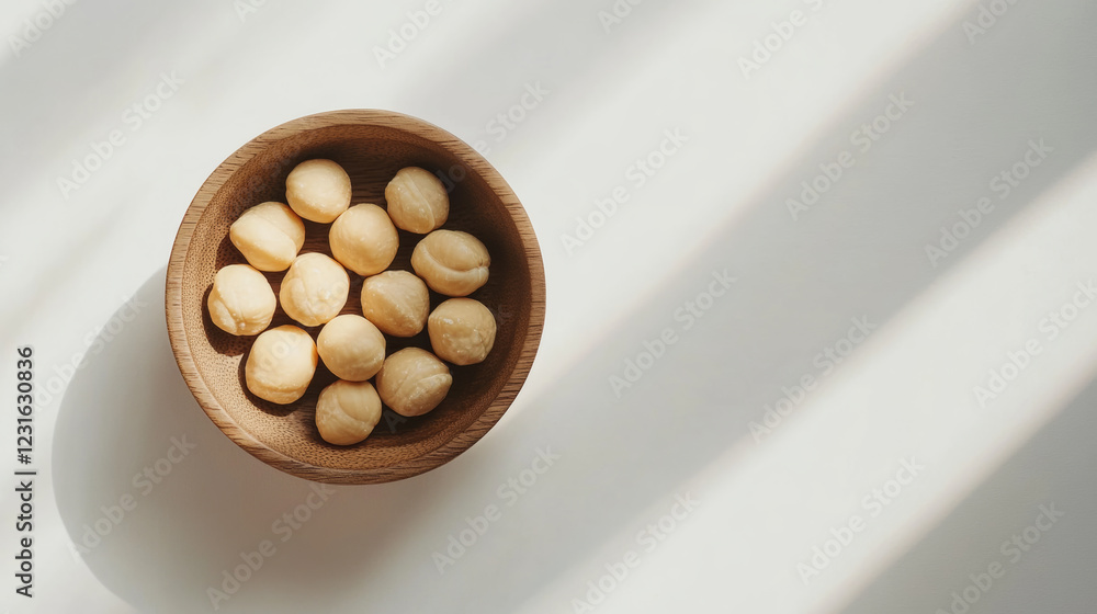 Minimalist flat lay of macadamia nuts in wooden bowl, showcasing their smooth texture and natural color. soft shadows create serene atmosphere Minimalist flat lay of macadamia nuts in wooden bowl, showcasing their smooth texture and natural color. soft shadows create serene atmosphere