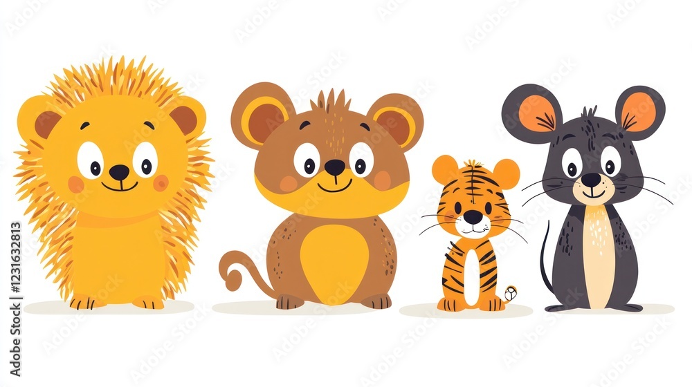 Obraz premium Cute animals cartoon illustration; hedgehog, monkey, tiger, mouse; white background; children's book