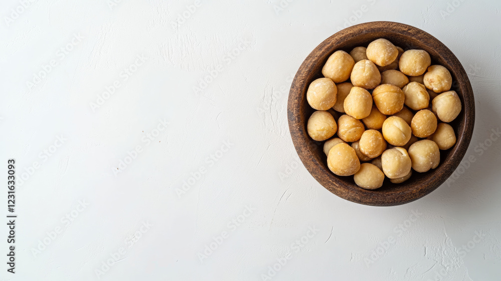 Rustic composition of macadamia nuts in wooden bowl on white background, showcasing their natural texture and color. Perfect for healthy snacking or culinary use Rustic composition of macadamia nuts in wooden bowl on white background, showcasing their natural texture and color. Perfect for healthy snacking or culinary use