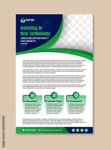 investing the new technology annual report brochure flyer design template vector, Leaflet cover presentation abstract geometric background, layout in A4 size, green and blue color on elements