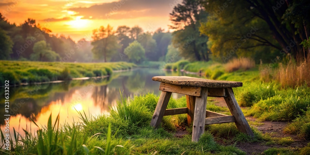 Tranquil Retreat in a Picturesque Landscape with a Wooden Stool Tranquil Retreat in a Picturesque Landscape with a Wooden Stool