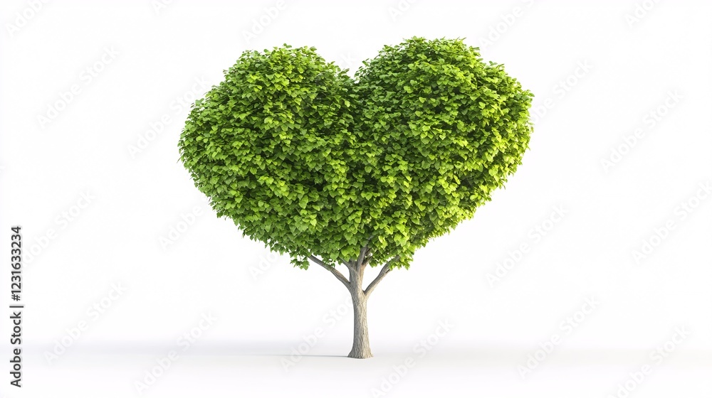 Heart-Shaped Tree with Vibrant Green Leaves Against White Background Heart-Shaped Tree with Vibrant Green Leaves Against White Background