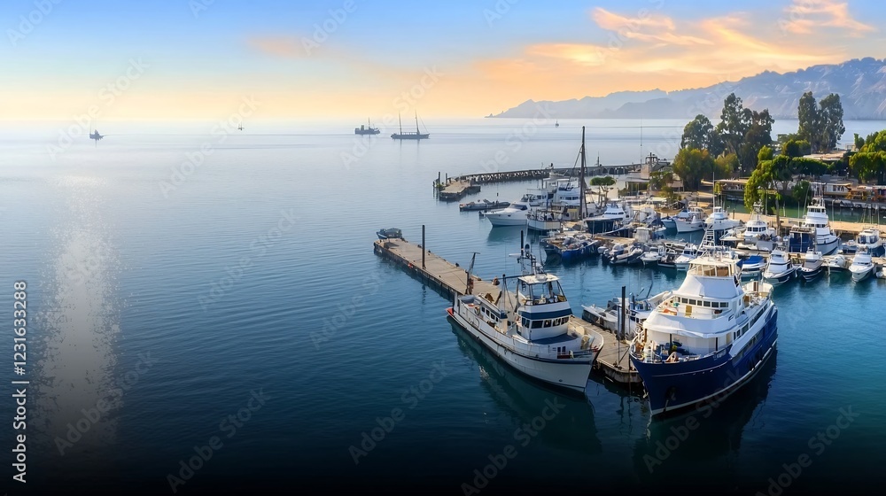 Fototapeta premium Serene marina at sunset with boats docked, mountains in background, and calm waters