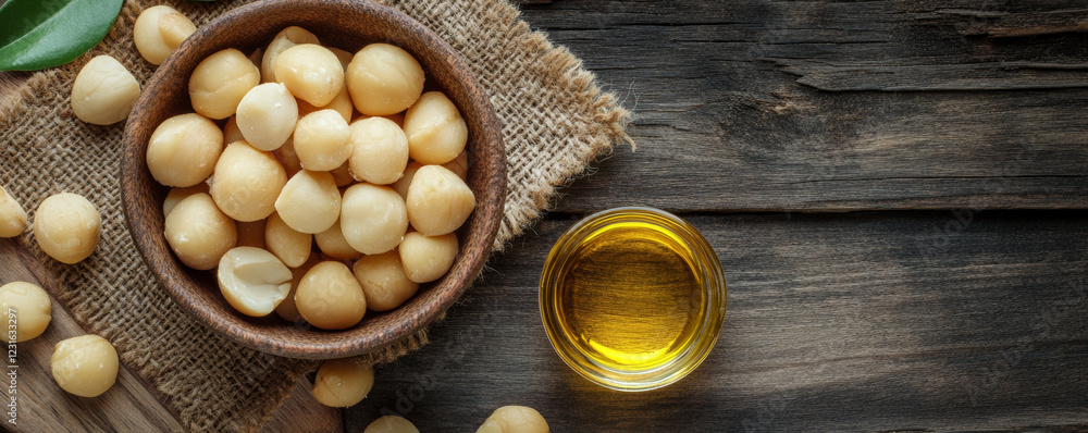 Rustic flat lay of macadamia nuts in wooden bowl with oil. natural textures and colors create warm, inviting atmosphere perfect for culinary inspiration Rustic flat lay of macadamia nuts in wooden bowl with oil. natural textures and colors create warm, inviting atmosphere perfect for culinary inspiration