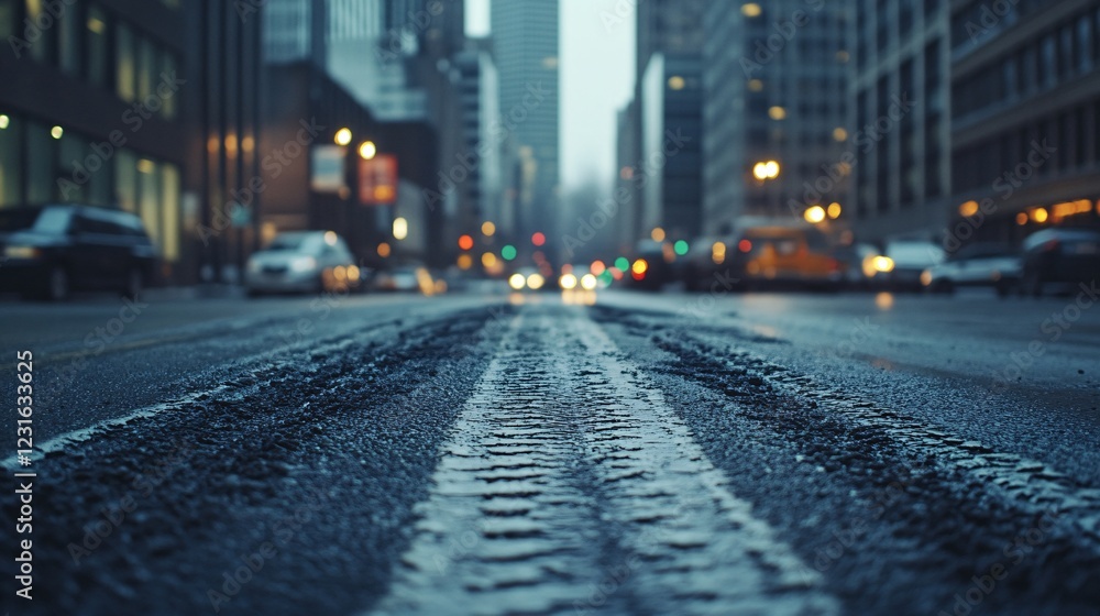 Close Up View of Textured Asphalt Road with Tire Marks at Dusk Close Up View of Textured Asphalt Road with Tire Marks at Dusk