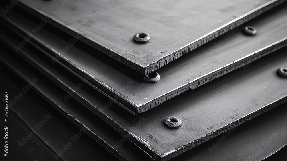 Close-Up of Riveted Steel Plates Stacked at an Angle for Industrial Use Close-Up of Riveted Steel Plates Stacked at an Angle for Industrial Use