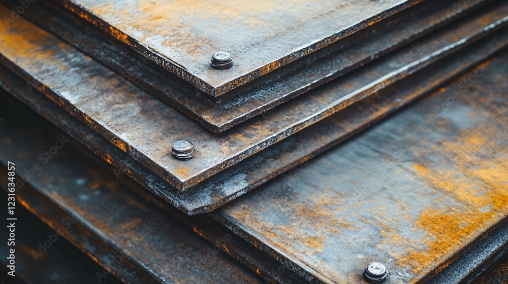 Close Up of Riveted Steel Plates Stacked at an Angle Close Up of Riveted Steel Plates Stacked at an Angle