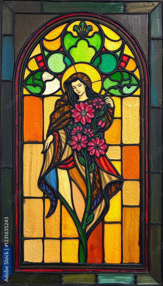 Fototapeta premium Stained glass. Pattern to print for wall decorations, covers. Oil paint. Woman