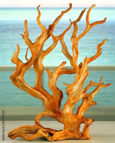 Orange driftwood sculpture, ocean view, home decor photo