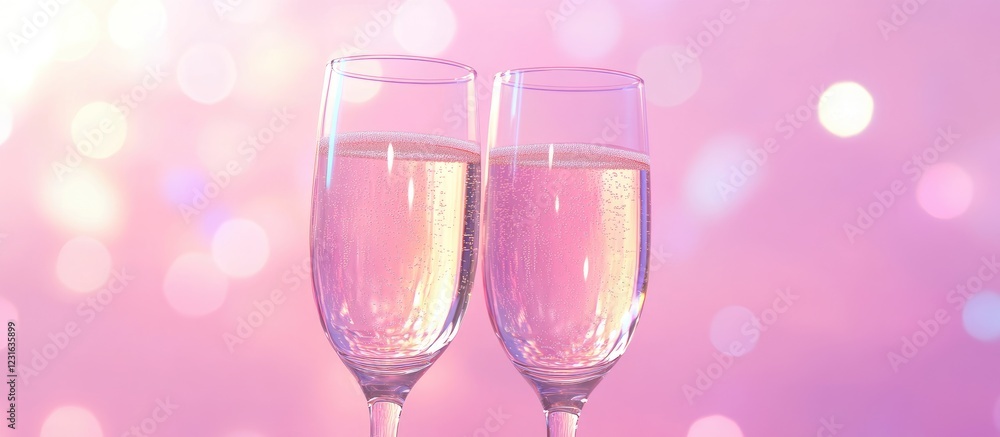 Two champagne flutes filled with sparkling drink positioned closely together against a soft pink bokeh background creating a festive atmosphere