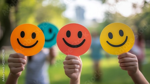 Wallpaper Mural People holding smiley face paper cutouts, smiling emojis, bright color palette, outdoor park setting Torontodigital.ca