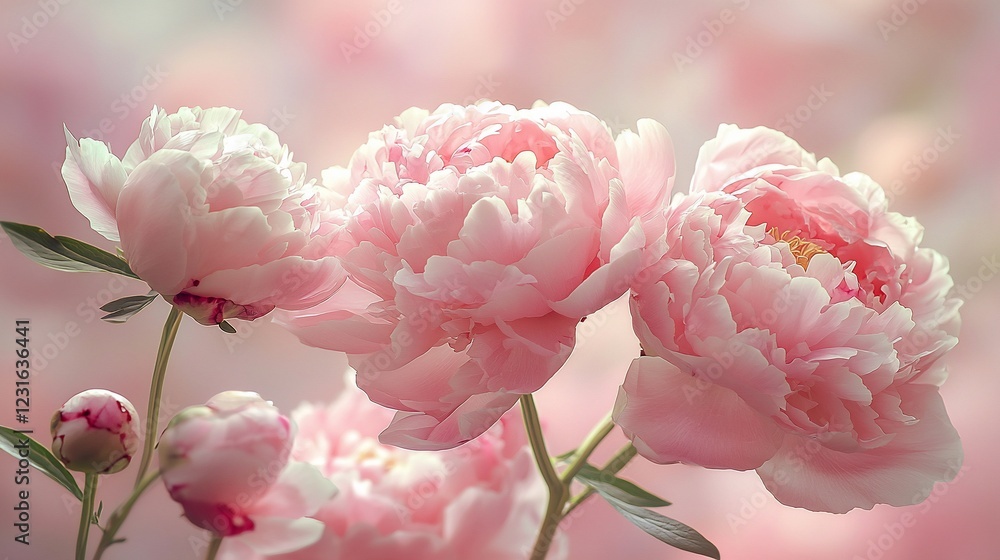 Three delicate pink peonies in soft focus. Three delicate pink peonies in soft focus.