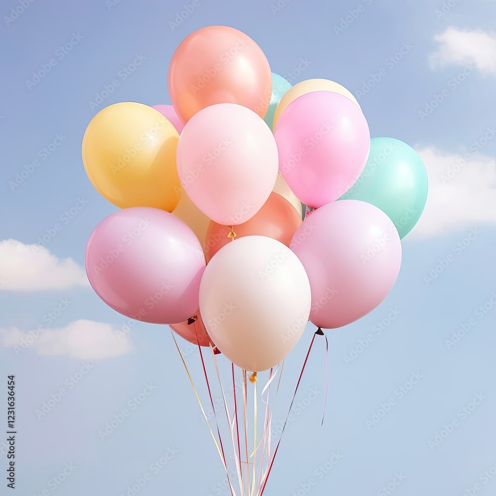 Multicolored balloons floating in the air against a bright blue sky, symbolizing celebration, joy, and freedom.