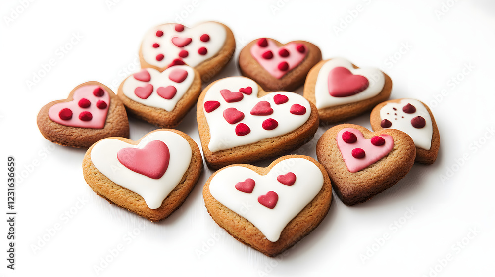? Heart-shaped cookies decorated with royal icing isolated on white background in HD ? Heart-shaped cookies decorated with royal icing isolated on white background in HD
