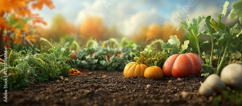 Wallpaper Mural Vibrant garden scene featuring freshly harvested organic vegetables in orange, green, and yellow hues across earthy soil with soft blurred background. Torontodigital.ca