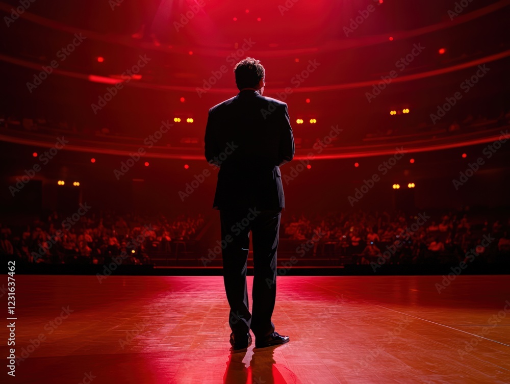 Fototapeta premium Silhouette of a Speaker on Stage Under Dramatic Red Lighting in Front of Engaged Audience