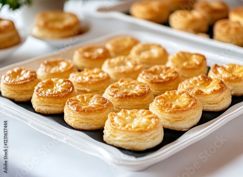 Wallpaper Mural A white plastic tray of small pastries with black paper covering the top, placed on a clean tablecloth background. The product is made from golden-brown dough and filled Torontodigital.ca