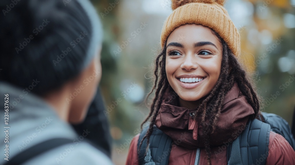 Two people smiling at each other, exchanging compliments, warm and friendly interaction, outdoors in the park, natural daylight Two people smiling at each other, exchanging compliments, warm and friendly interaction, outdoors in the park, natural daylight