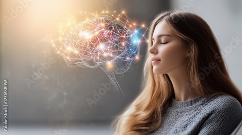 A young woman meditating with a glowing digital brain hologram, symbolizing artificial intelligence, mindfulness, and mental health. Futuristic and conceptual representation. Generative AI.