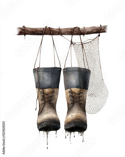 A pair of worn fishing boots hanging on a rustic hook, emphasizing outdoor adventures and a love for fishing. photo