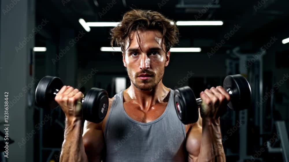 Intense Male Athlete Lifting Dumbbells in Gym with Dramatic Lighting and Sweaty Expression Intense Male Athlete Lifting Dumbbells in Gym with Dramatic Lighting and Sweaty Expression