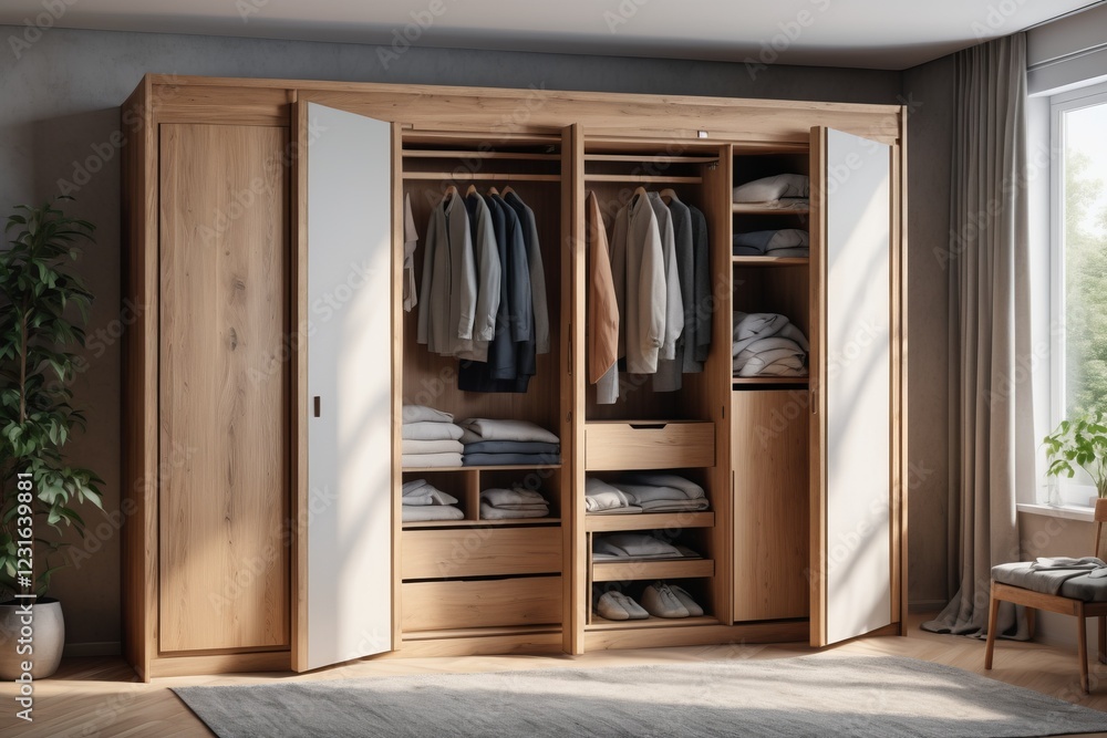White wardrobe in a modern room with wooden furniture and a window in a cozy home White wardrobe in a modern room with wooden furniture and a window in a cozy home