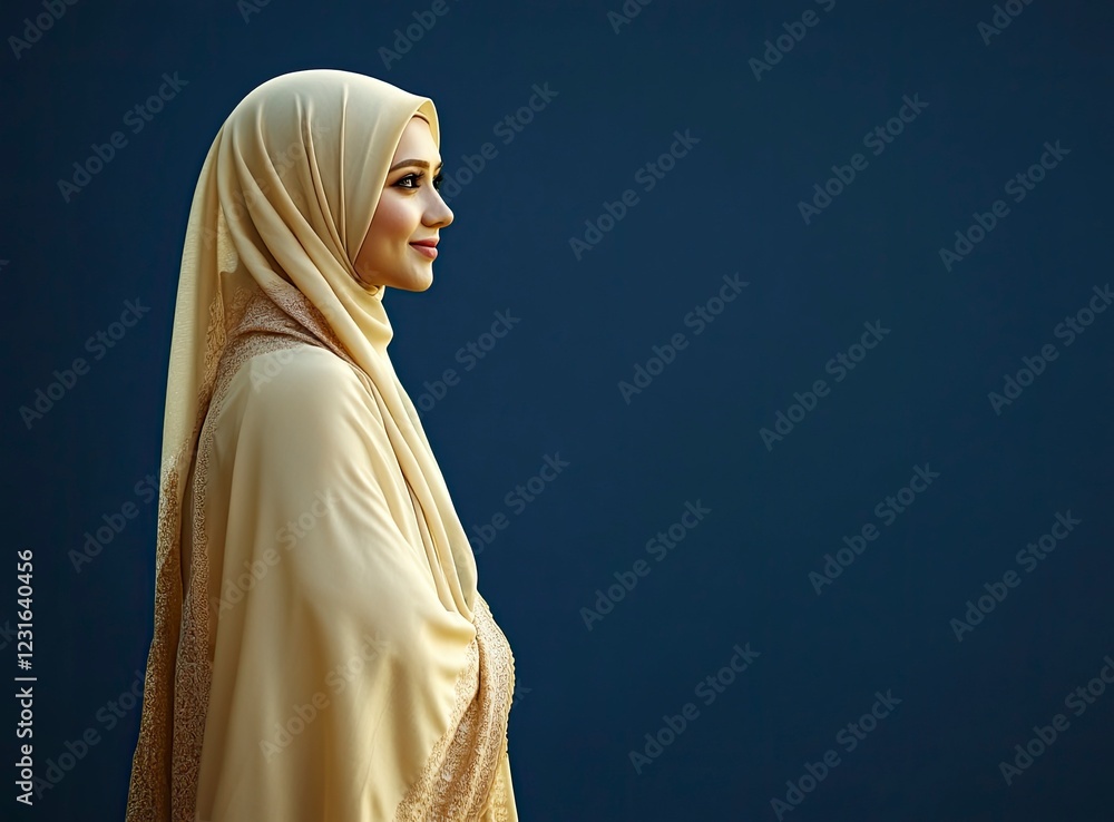 Beautiful smiling Malay Muslim woman wearing a pastel-colored hijab and a long, cream-colored abaya, isolated on a dark blue background Beautiful smiling Malay Muslim woman wearing a pastel-colored hijab and a long, cream-colored abaya, isolated on a dark blue background