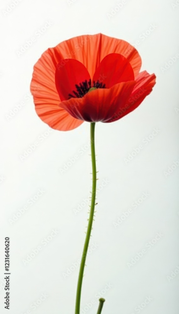 Fototapeta premium Single bright red poppy blossom, pristine white backdrop, floral, background
