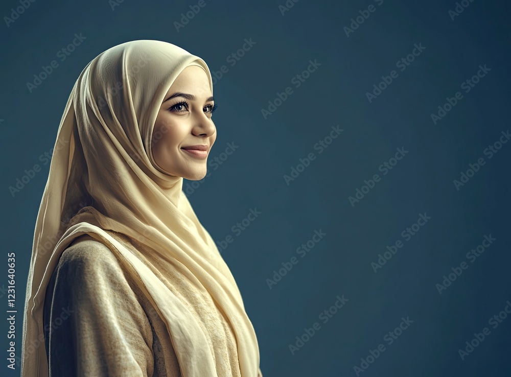 Beautiful smiling Malay Muslim woman wearing a pastel-colored hijab and a long, cream-colored abaya, isolated on a dark blue background Beautiful smiling Malay Muslim woman wearing a pastel-colored hijab and a long, cream-colored abaya, isolated on a dark blue background