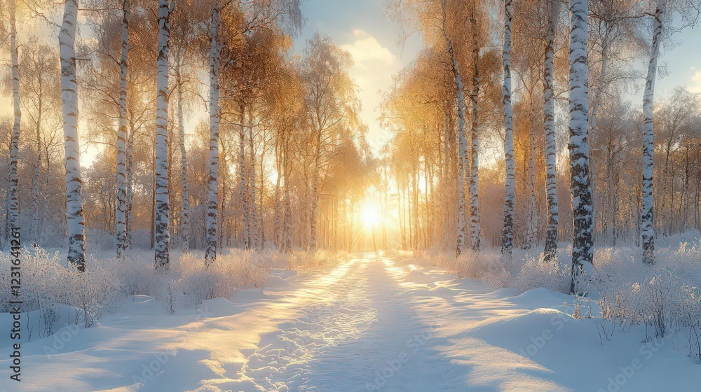 Birches in nature in a winter landscape, sun rays. Birches in nature in a winter landscape, sun rays.