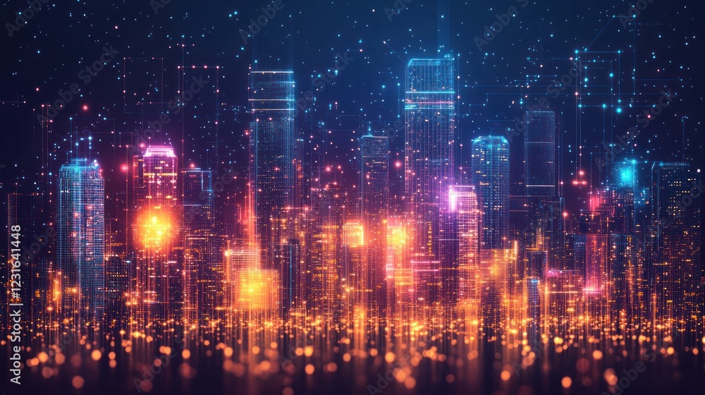 Digital Cityscape Night, glowing skyline, data streams, futuristic advert Digital Cityscape Night, glowing skyline, data streams, futuristic advert