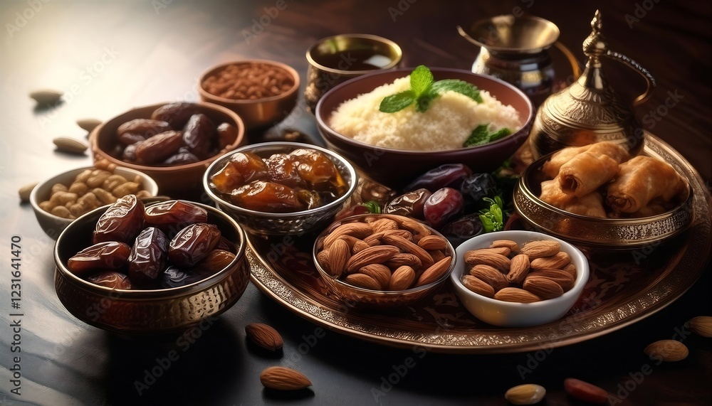 Fototapeta premium Sumptuous Spread Of Traditional Arabic Food Served During Ramadan Featuring Dates and Almonds