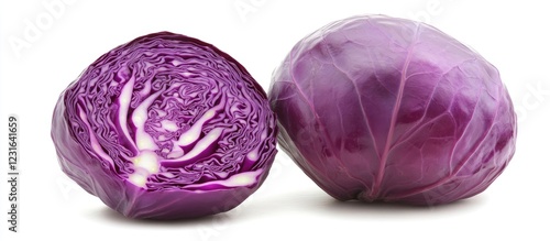 Vibrant purple-red cabbage halves with glossy leaves arranged side by side showcasing agricultural importance and freshness on a white background photo