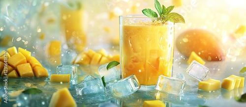 Vibrant mango smoothie in clear glass with fresh mint garnished, surrounded by ice cubes and mango pieces, capturing a refreshing summer essence. photo