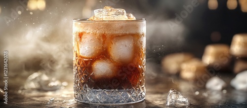 Cold brew coffee soda with ice cubes in a crystal glass, dark brown beverage with frothy top, positioned centrally, surrounded by shimmering ice. photo