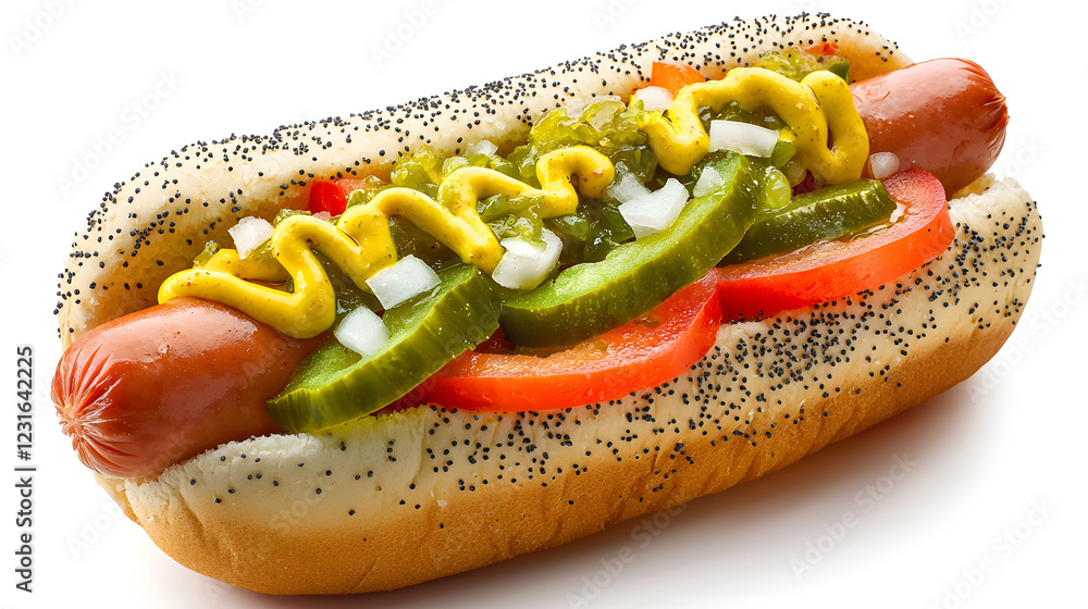 Fototapeta premium Chicago Style Hot Dog with Fresh Toppings and Poppy Seed Bun