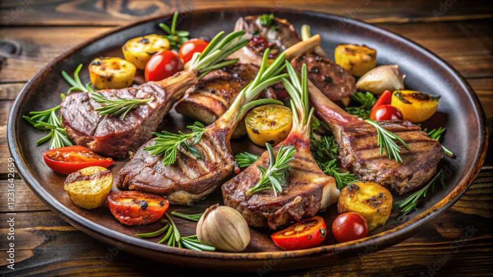 Succulent Grilled Meat Platter with Fresh Herbs and Vegetables Succulent Grilled Meat Platter with Fresh Herbs and Vegetables